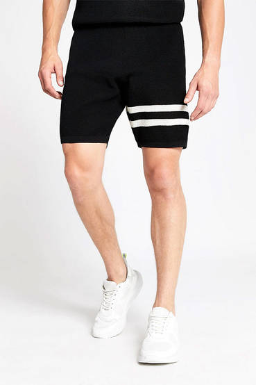 Black Waffle Slim Fit Stripe Shorts